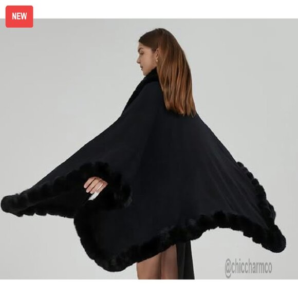 Faux Fur Trim Cardigan Cloak Shawl Wrap Winter Poncho Cape - Picture 7 of 8